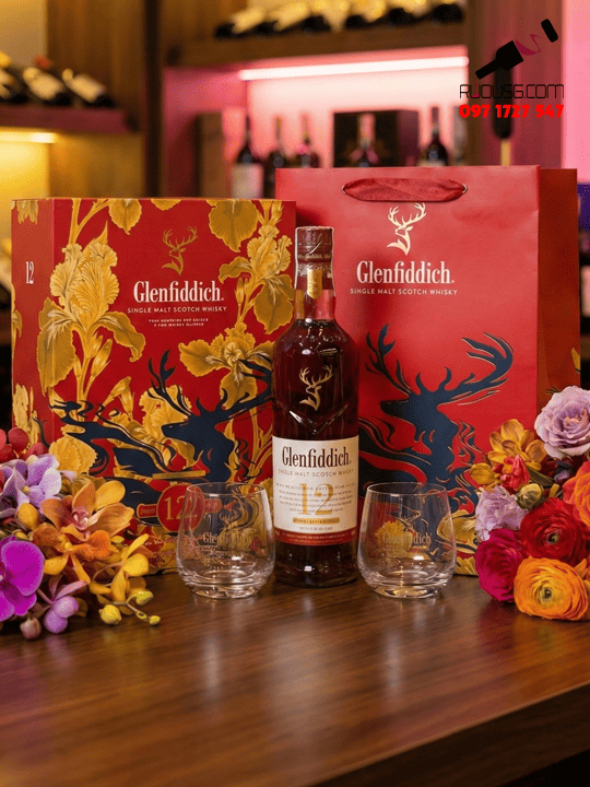 Rượu Glenfiddich 12 Hộp Quà Tết 2026 (tặng 2 ly + Túi)
