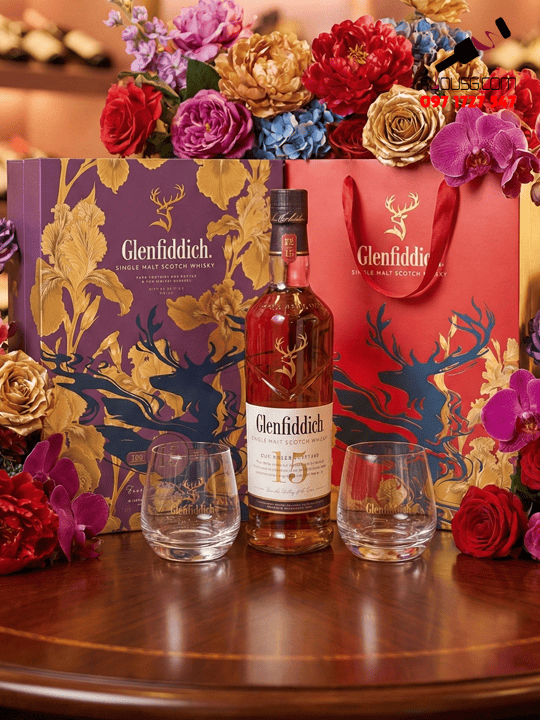 Rượu Glenfiddich 15 Hộp Quà Tết 2026 (tặng 2 Ly + Túi)